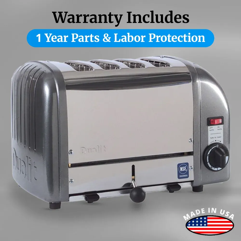 Cadco four-slice metallic gray toaster with aluminum ends, compact commercial design, fast-heating slots, perfect for buffet and catering service.