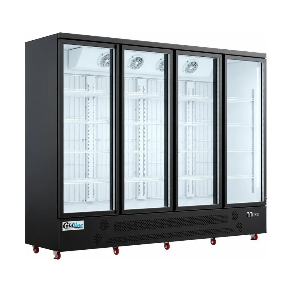 Coldline 98" Reach-In Merchandiser Freezer, Black, 4 Glass Swing Doors, 1 Year Warranty