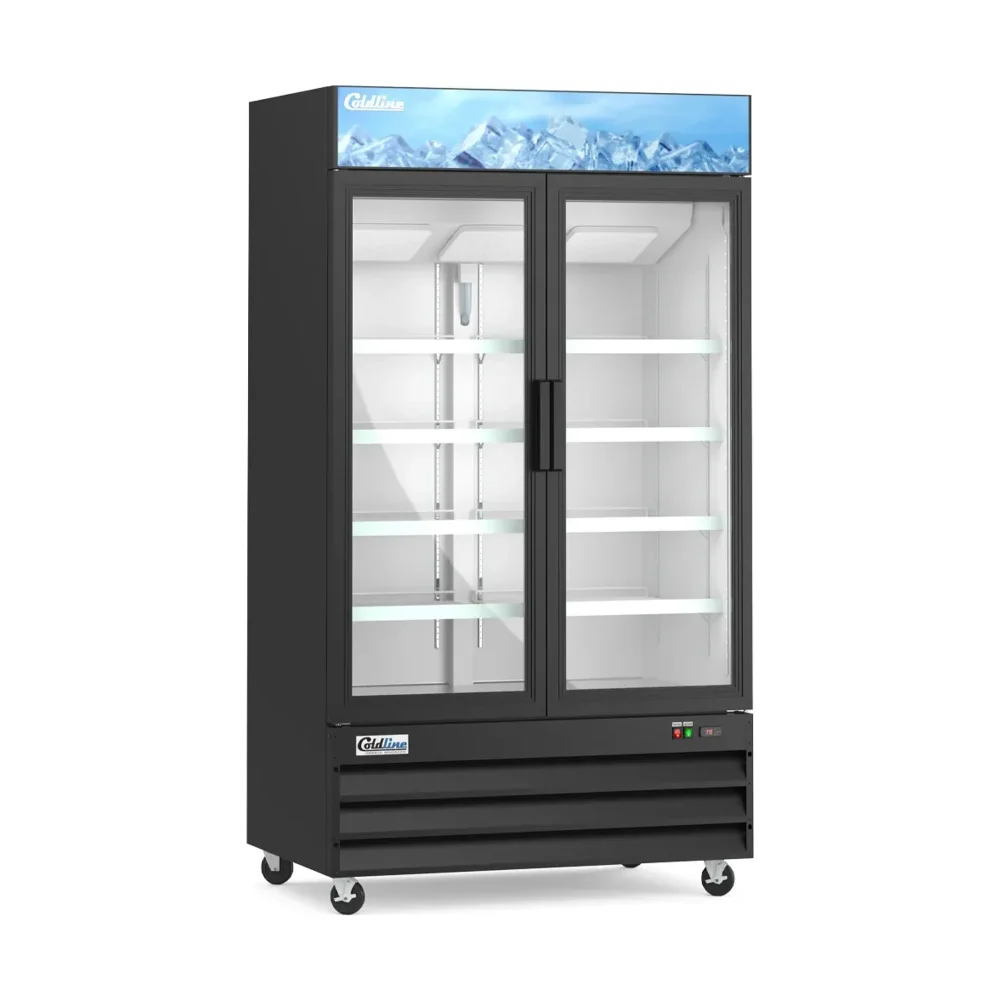 Coldline 48" Reach-In Merchandiser Freezer, Black, 2 Glass Swing Doors, 1 Year Warranty