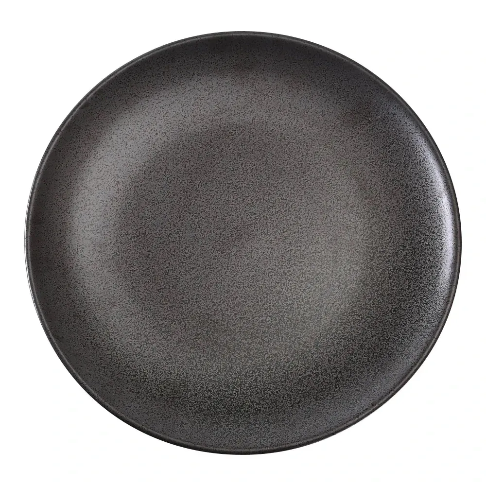 Small, round coupe plate from Yanco China with a sophisticated matte black finish, an excellent choice for presenting desserts, bread, or side dishes.