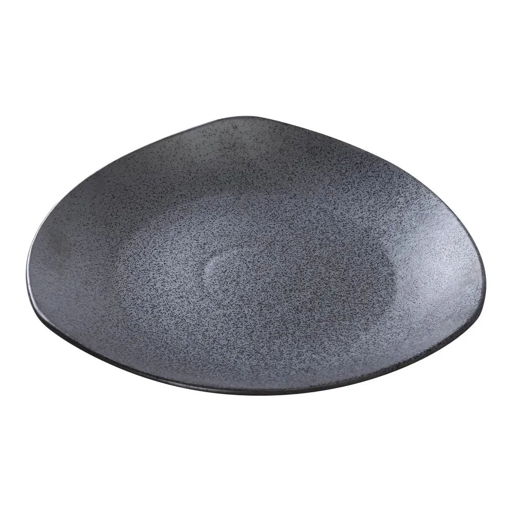 Matte black triangular plate by Yanco China, compact size, ideal for tasting portions or amuse-bouche, chip-resistant for upscale tasting menus.