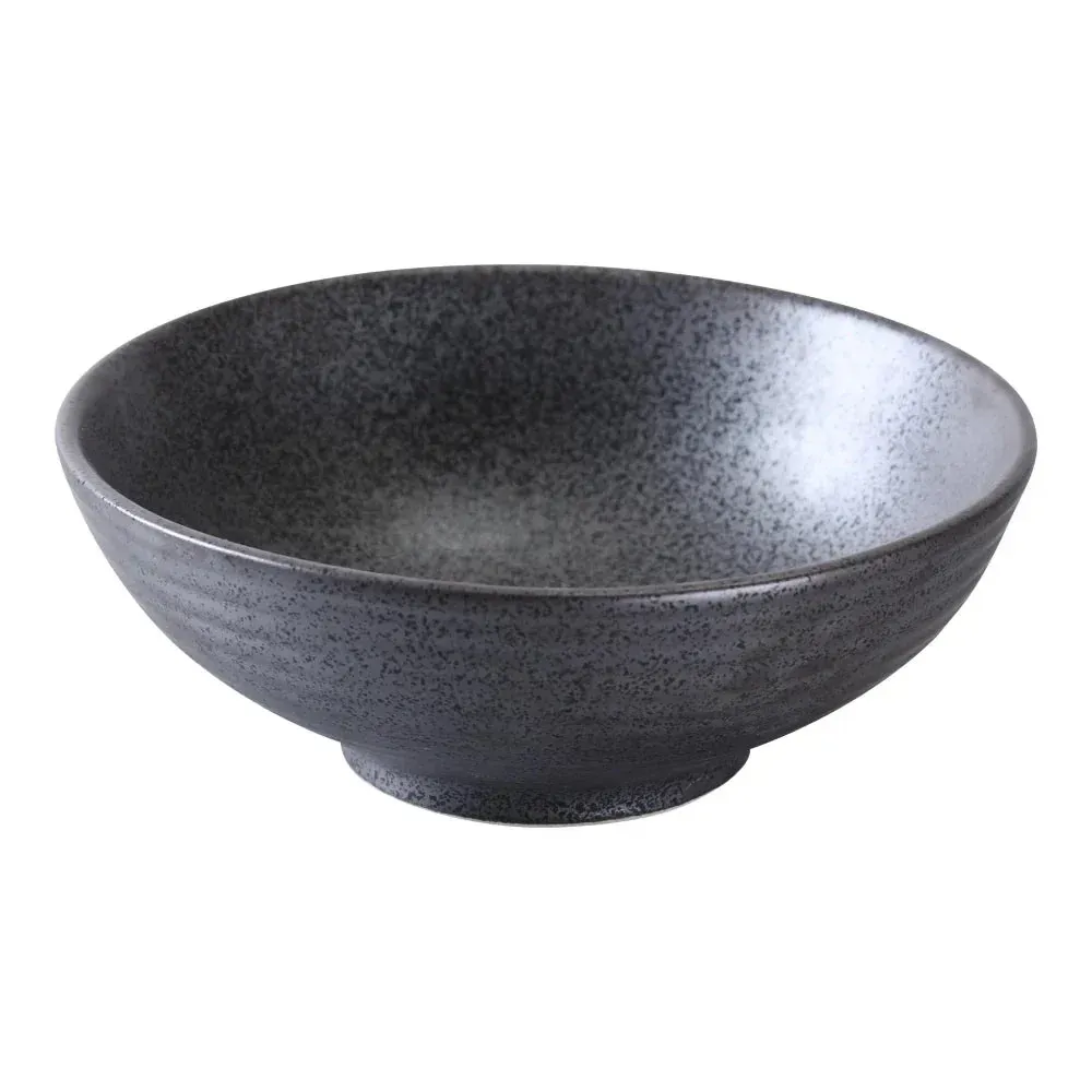 Matte black round noodle bowl by Yanco China, wide rim, ideal for ramen or stir-fry, durable for contemporary Asian eateries.
