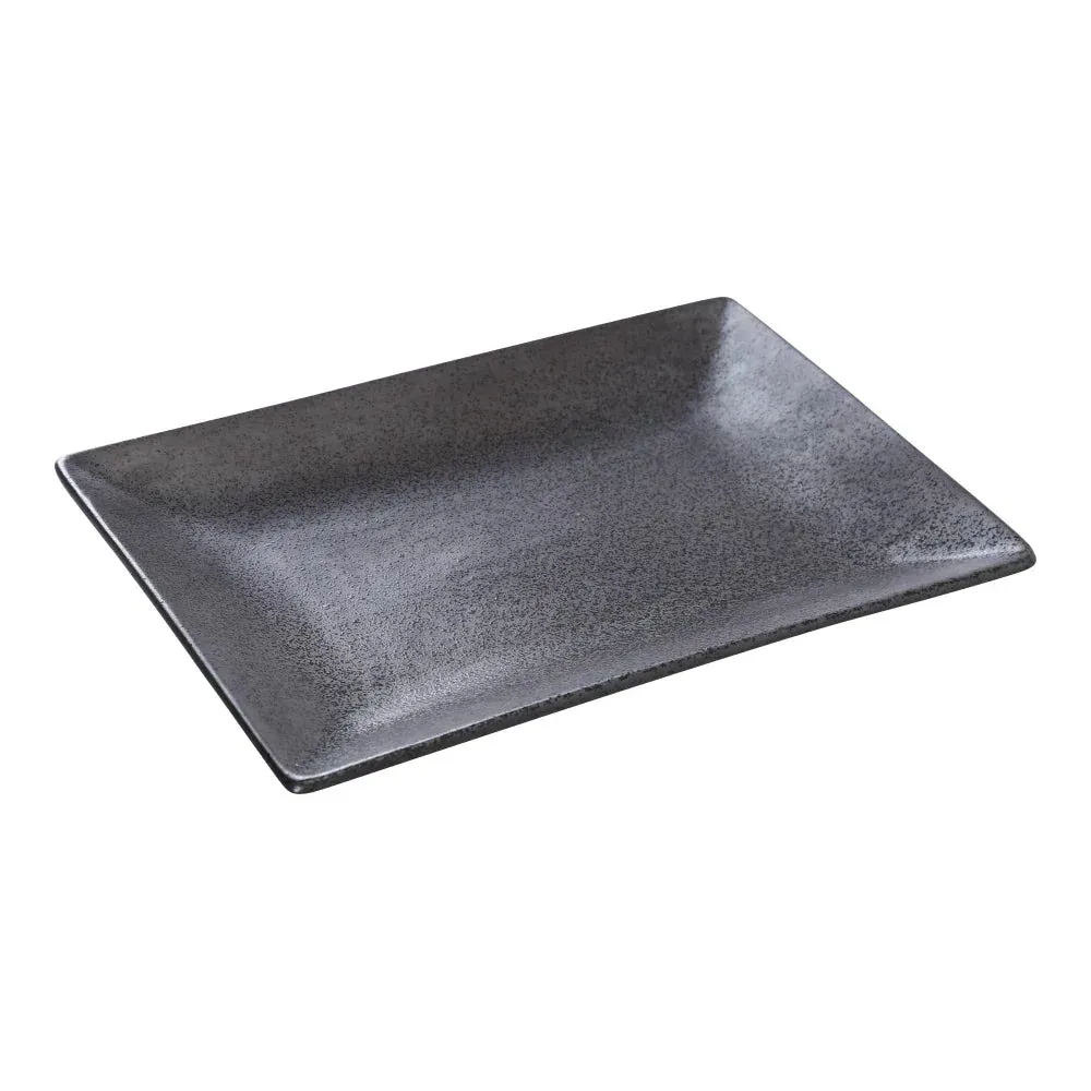 Dark bronze rectangular plate by Yanco China, earthy matte finish, ideal for rustic tapas or desserts, chip-resistant for stylish eateries.