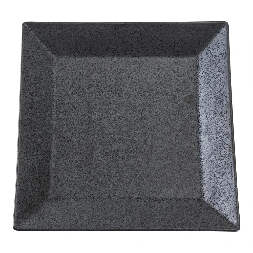 Matte black square plate by Yanco China, crisp minimalist styling, perfect for tapas or desserts, chip-resistant porcelain for modern cafés.