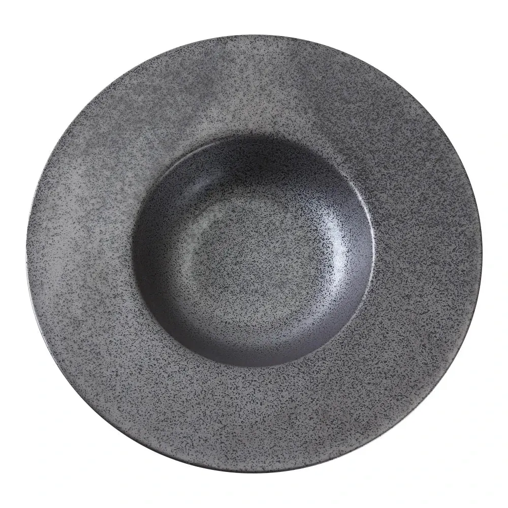 Matte black round dessert plate by Yanco China, refined minimalist form, perfect for pastries and sweets, durable for cafés and patisseries.