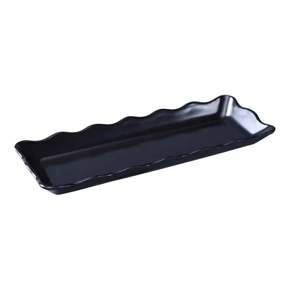 Yanco Black melamine rectangular serving tray with scallop edge, lightweight yet durable for catered events, banquets, and repeated food service.