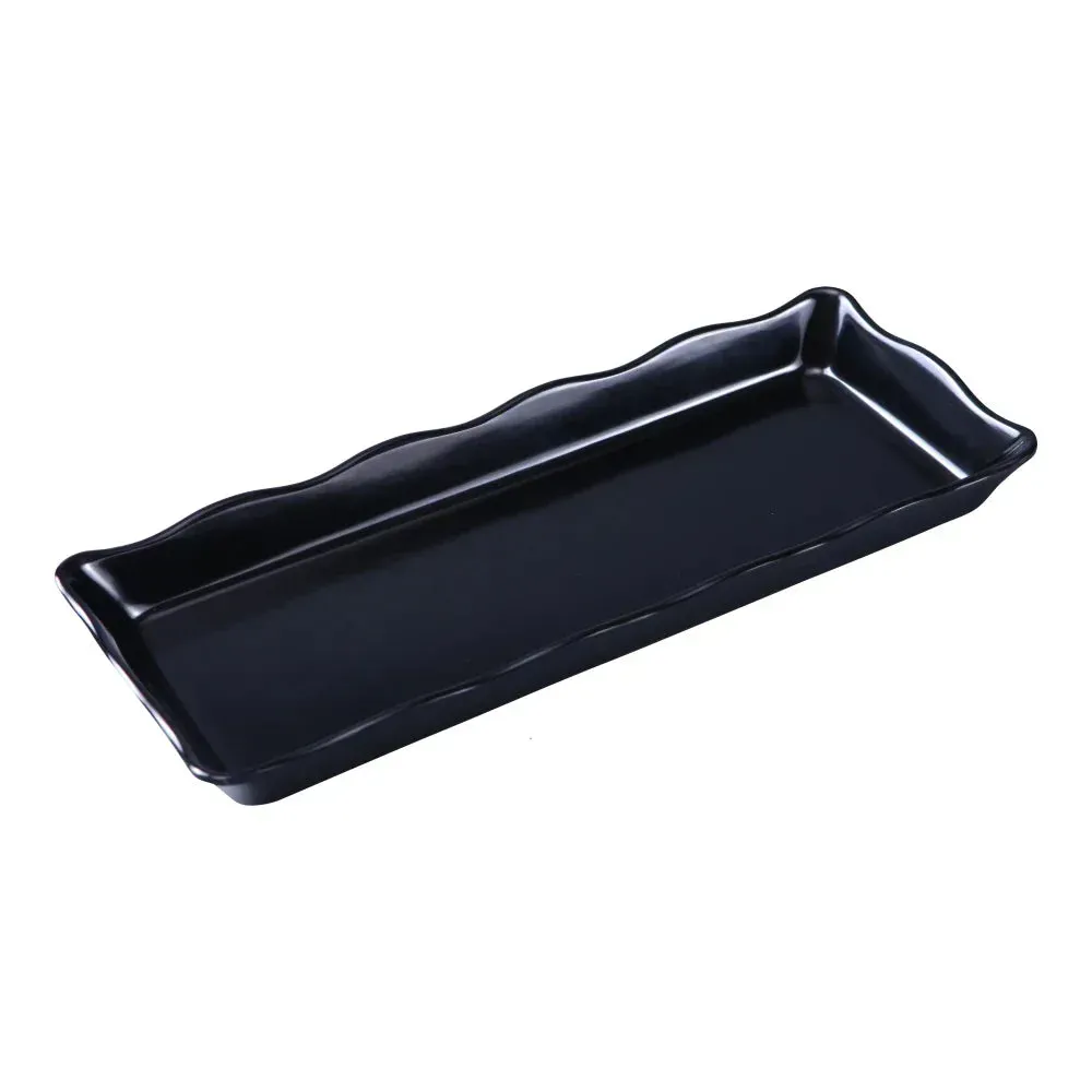 yanco Black melamine rectangular serving tray with scallop edge, sleek for hotel and restaurant catering, café buffet display, and event presentation.