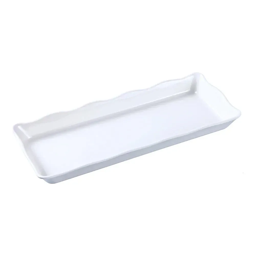 White melamine rectangular serving tray with scallop edge by Yanco China, perfect for hotel and restaurant catering, café buffet display, and events.