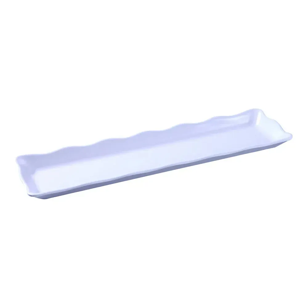 White melamine rectangular serving tray with scallop edge by Yanco China, ideal for hotel and restaurant catering, café buffet display, and events.