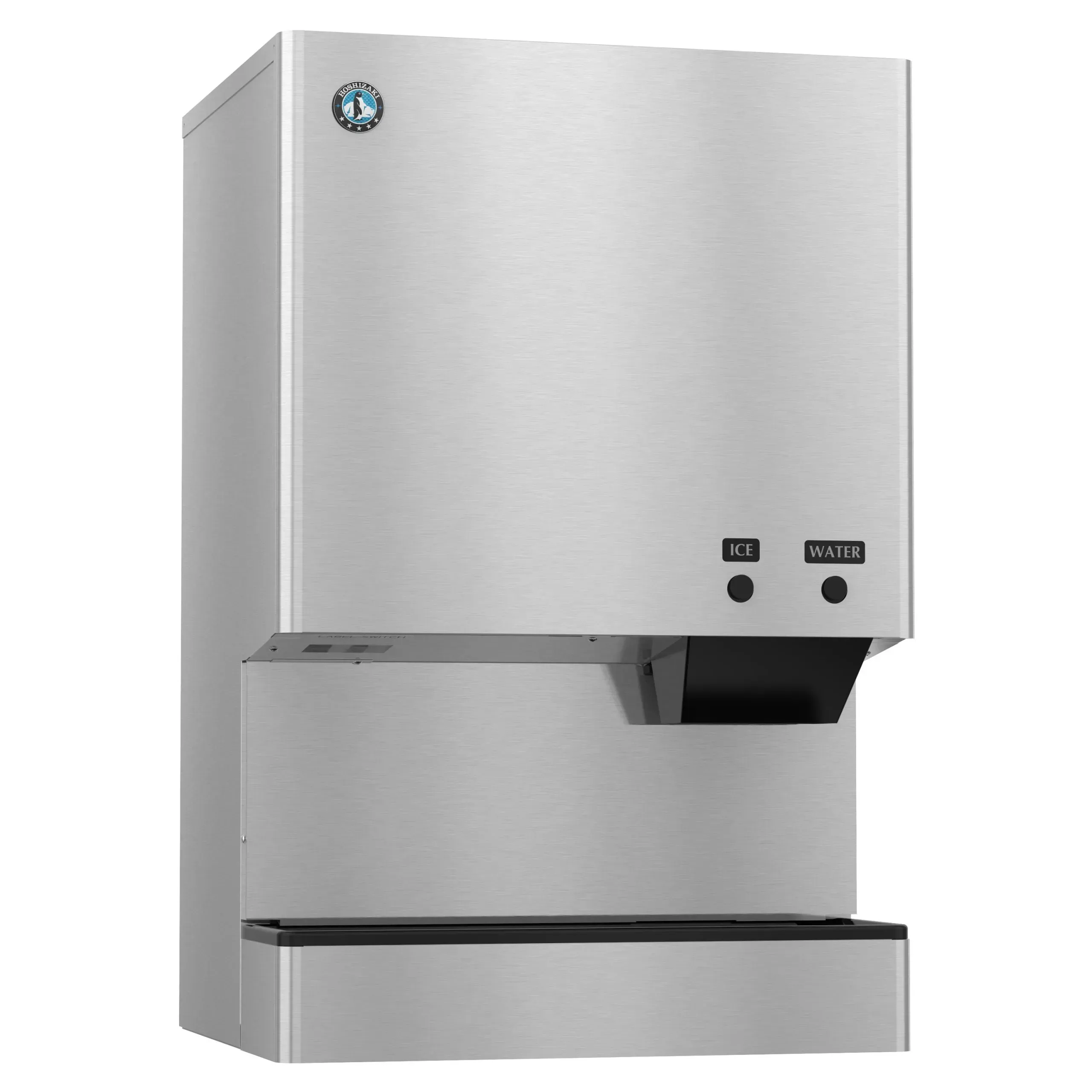 Nugget ice and water dispenser by Hoshizaki America makes five hundred ninety pounds per day, with a stainless body for cafes and small service.