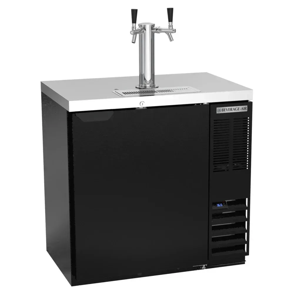 Beverage-Air black double-tap kegerator holds one half-barrel keg, designed for durable and efficient beer service in compact bars.
