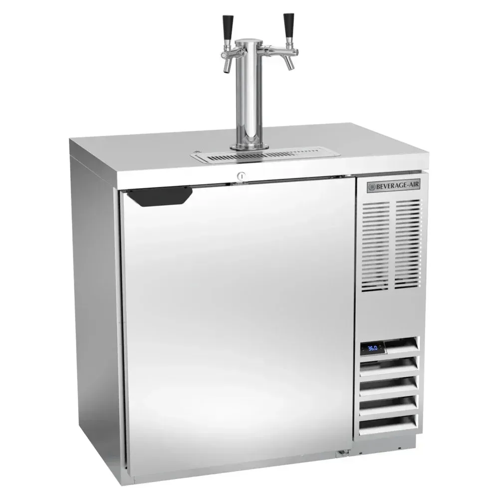 Beverage-Air stainless kegerator with two taps, holds one half-barrel keg, compact and space-saving for bars or countertop setups.