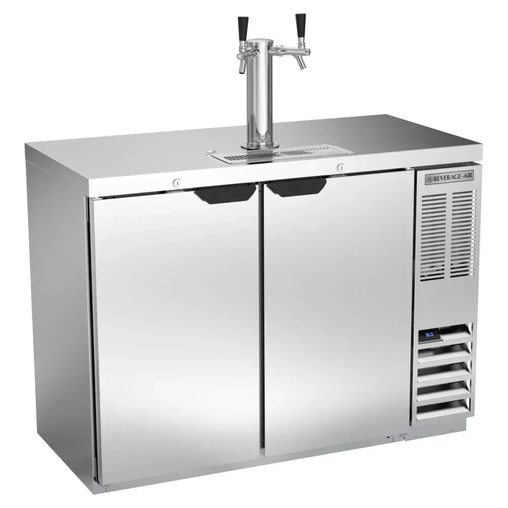Beverage-Air stainless beer dispenser with two taps, holds two half-barrel kegs, ideal for efficient service in busy commercial bars.