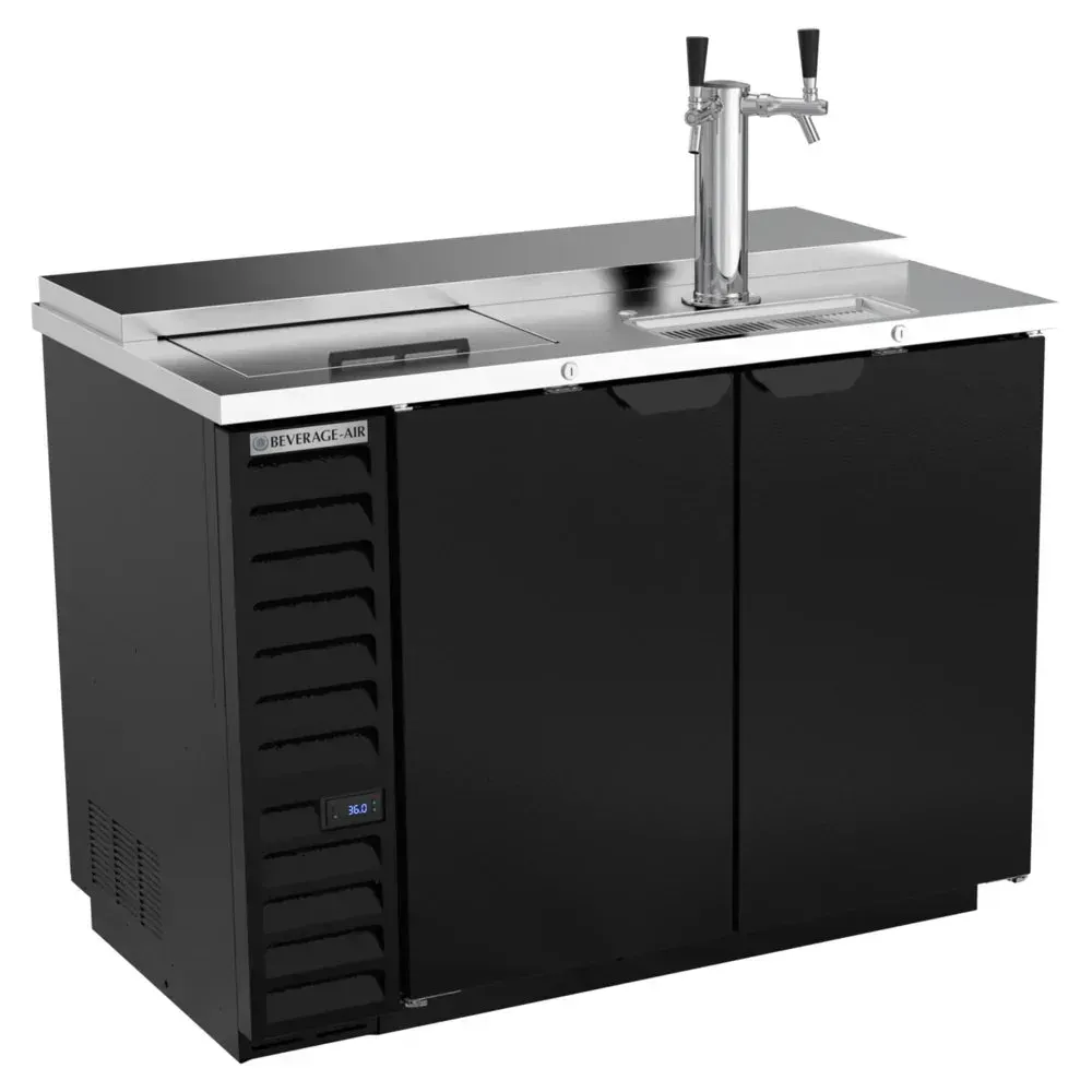 Beverage-Air black club top kegerator with dual taps, holds two half-barrel kegs, perfect for dual-flavor service in compact spaces.
