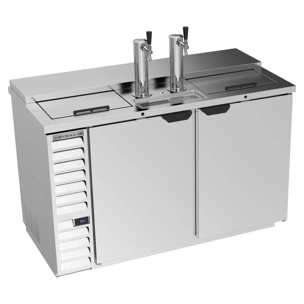 Beverage-Air club top kegerator with stainless finish and two single taps, holds three half-barrel kegs for efficient bar service.