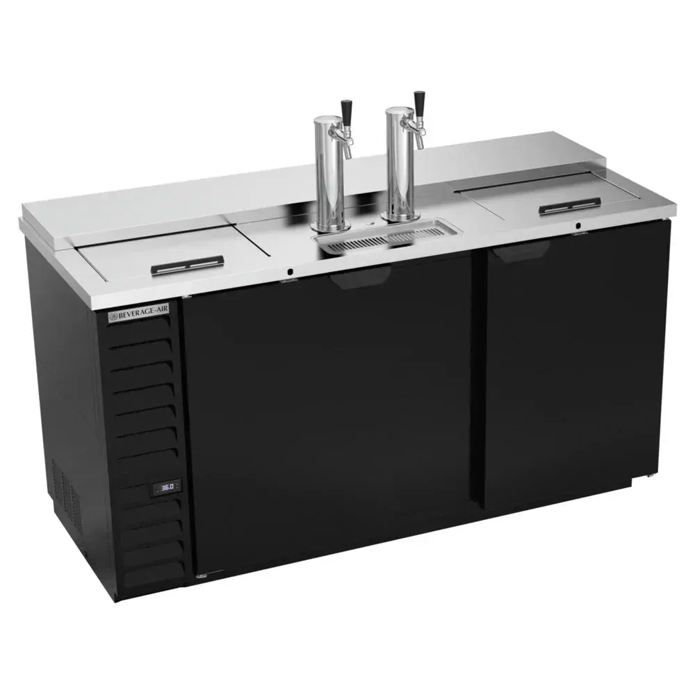 Beverage-Air black club top beer dispenser with two single taps, holds three half-barrel kegs for reliable service in busy bar settings.
