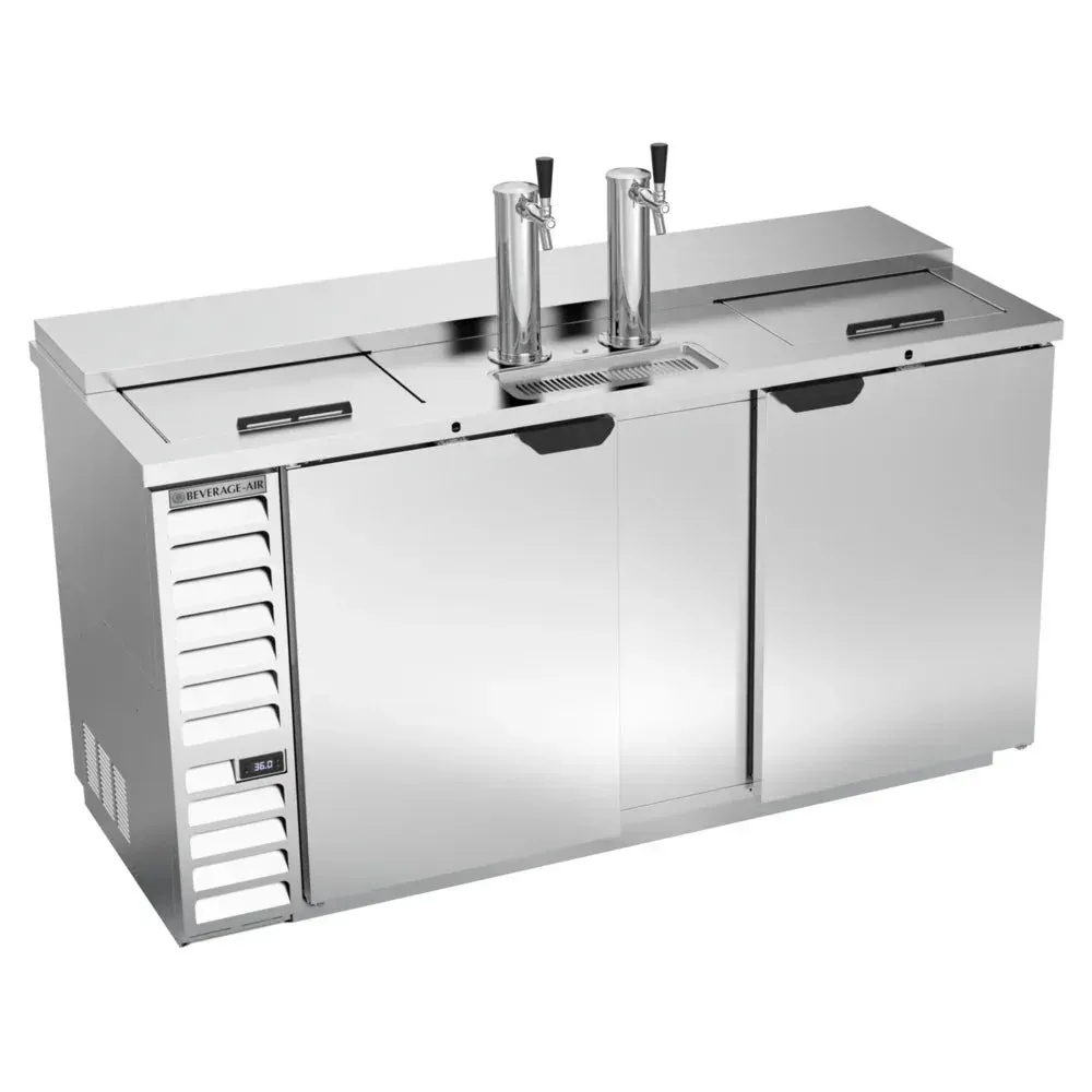 Beverage-Air club top kegerator with stainless front and two single taps, holds three half-barrel kegs for serving and storage.
