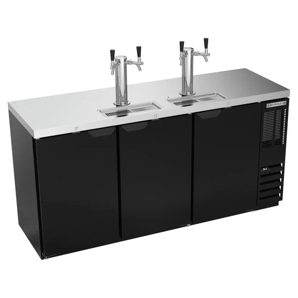 Beverage-Air black double-tap beer dispenser holds three half-barrel kegs, ideal for pubs and bars needing reliable, compact service.