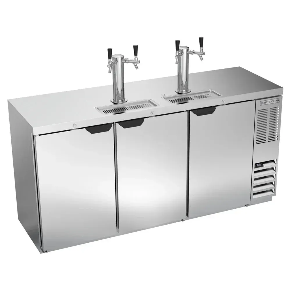 Beverage-Air double-tap kegerator with stainless front, holds three half-barrel kegs, compact, durable, and built for commercial use.