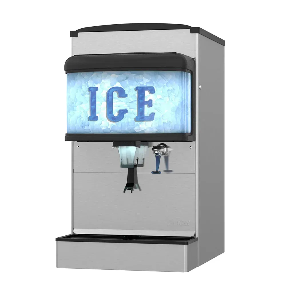 Countertop nugget ice and water dispenser from Hoshizaki America with a cup fill lever, holding two hundred pounds, fits small cafés or offices.