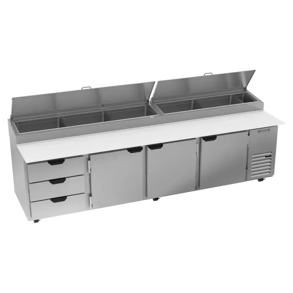 Prep table by Beverage-Air with three doors and three drawers, featuring a spacious refrigerated base for high-capacity pizza kitchens.