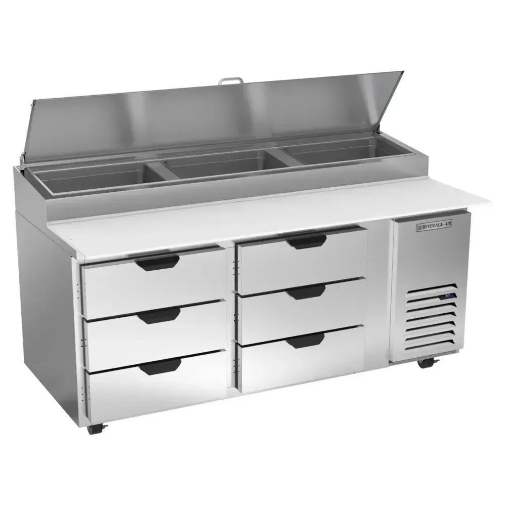 Pizza prep table from Beverage-Air with six stainless drawers and eco-friendly refrigerant, offering quick topping access in high-traffic kitchens.