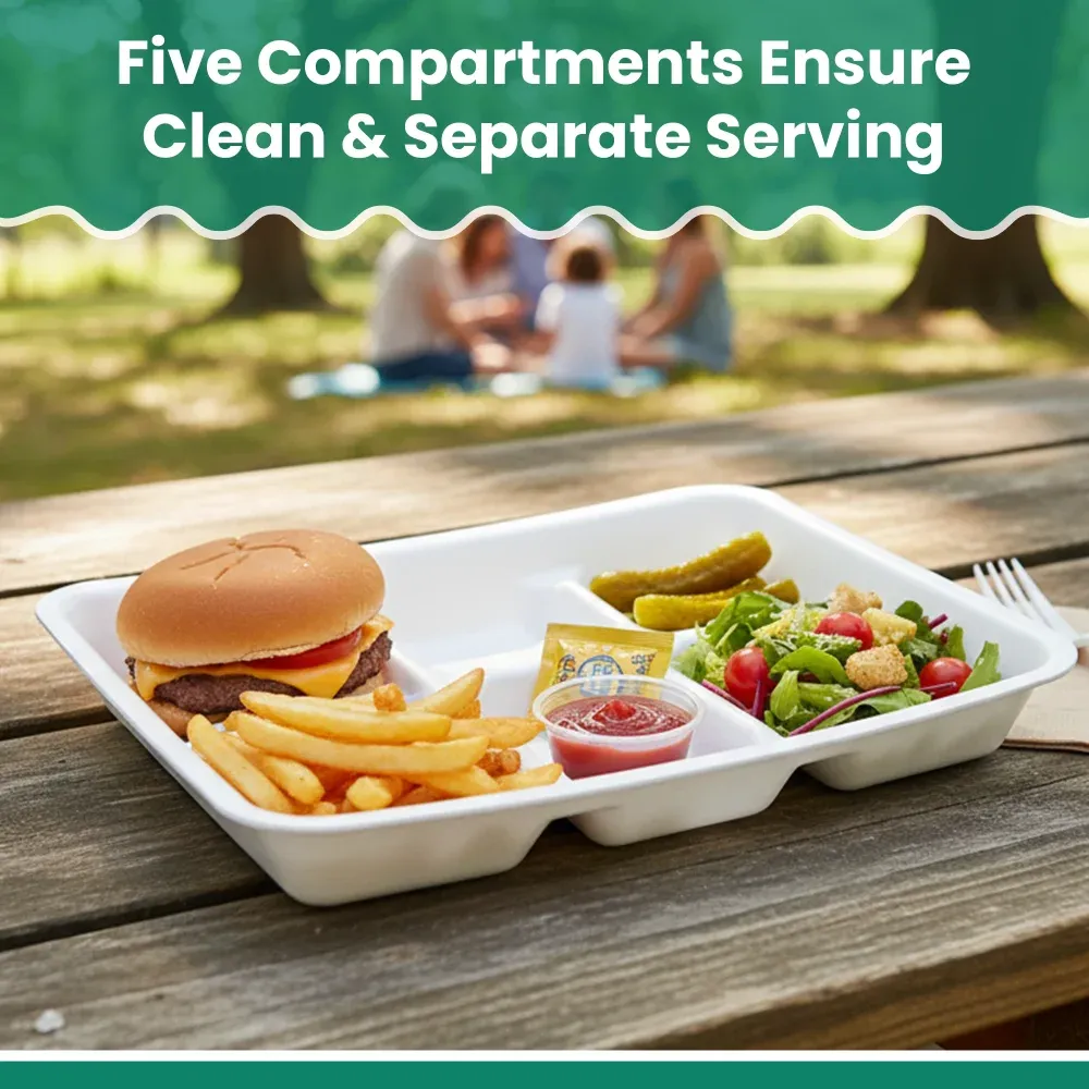 Dinelux Series Five-Compartment Foam Serving Tray, White, 10.38" x 8.37" x 1.19", 500/Case