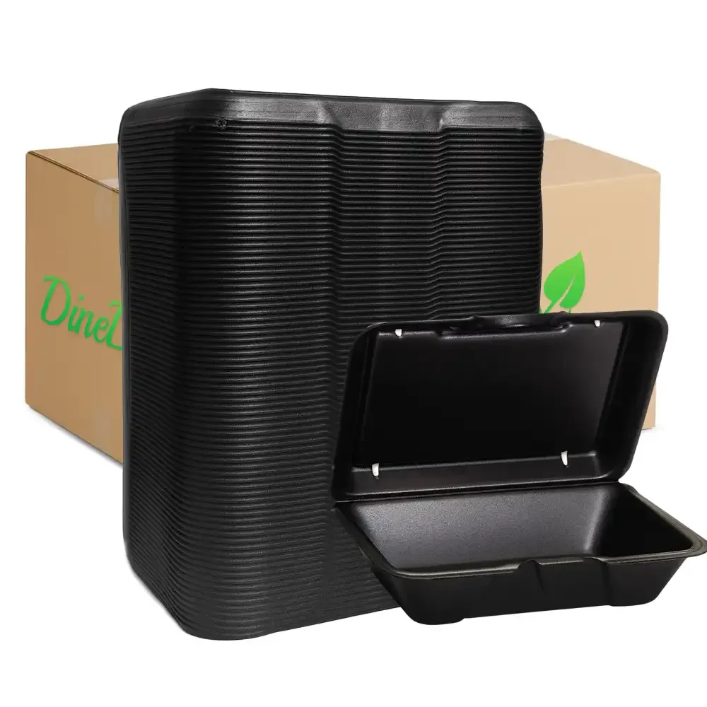 Dinelux Series One-Compartment Foam Take Out Container with Hinged Lid, Large, 9.19" x 6.5" x 2.88", Black, 200/Case