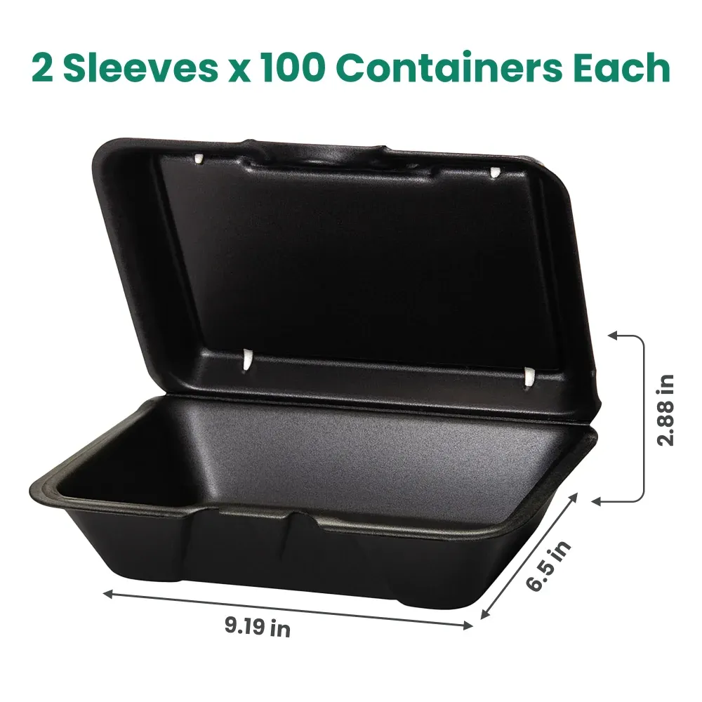Dinelux Series One-Compartment Foam Take Out Container with Hinged Lid, Large, 9.19" x 6.5" x 2.88", Black, 200/Case