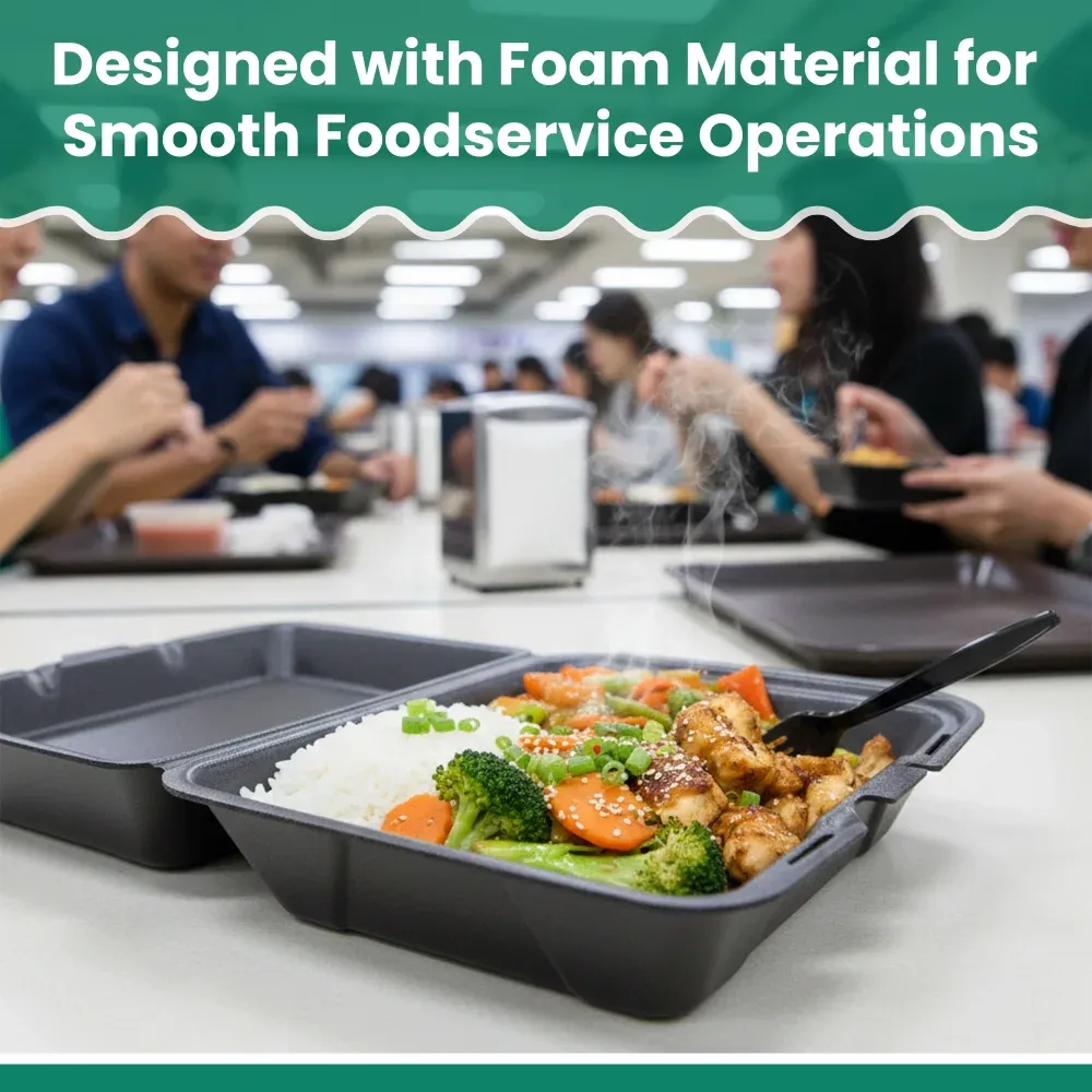 Dinelux Series One-Compartment Foam Take Out Container with Hinged Lid, Large, 9.19" x 6.5" x 2.88", Black, 200/Case