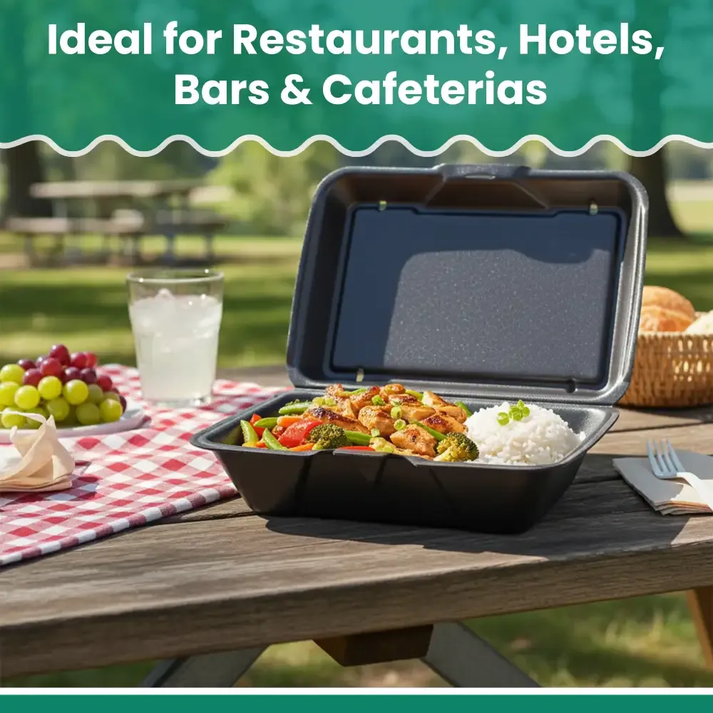 Dinelux Series One-Compartment Foam Take Out Container with Hinged Lid, Large, 9.19" x 6.5" x 2.88", Black, 200/Case