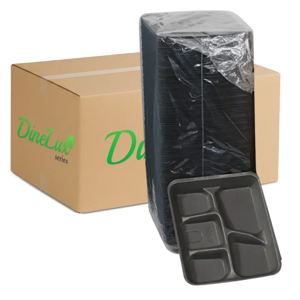 Dinelux Series Five-Compartment Foam Tray, Black, 8.25" x 10.25" x 1", 500/Case