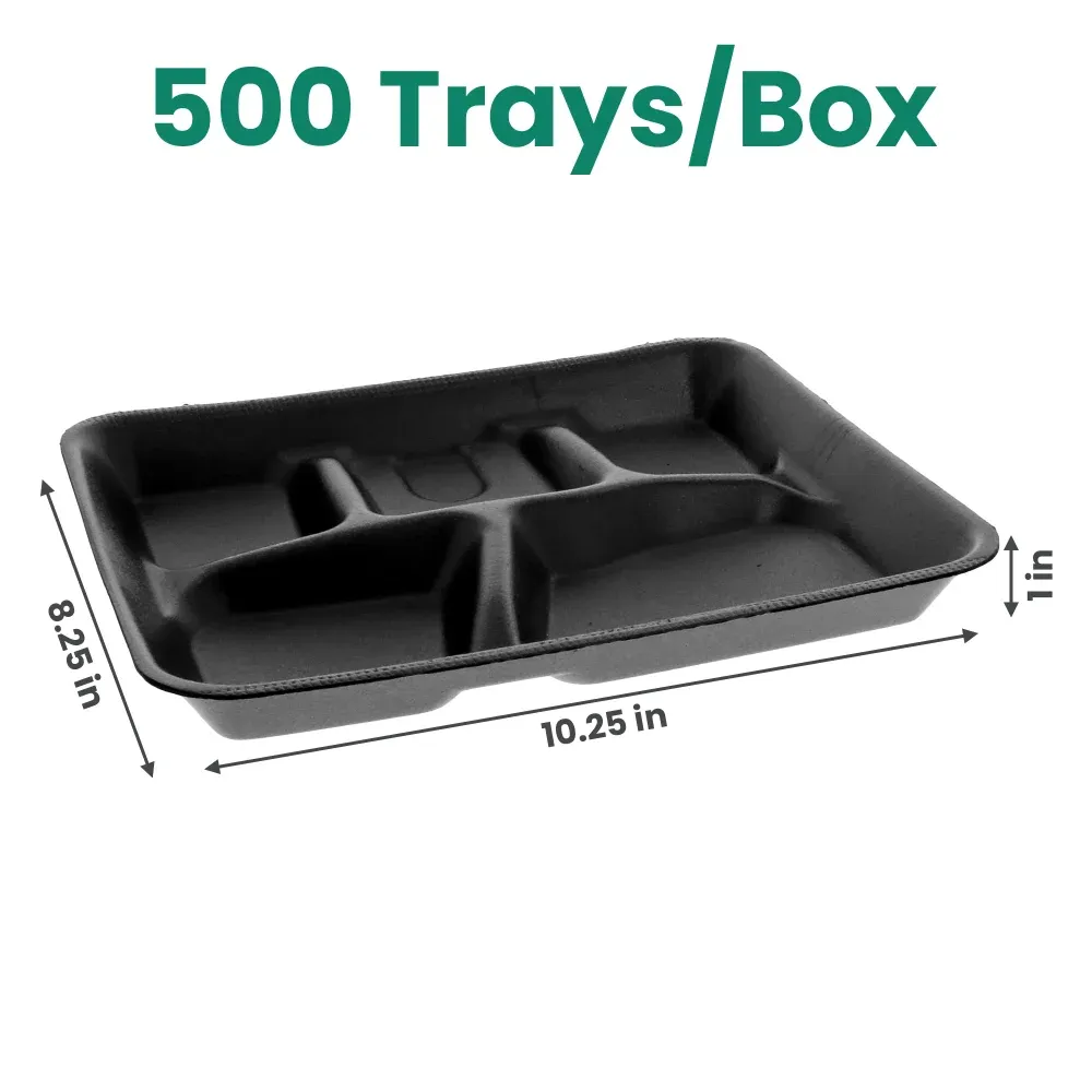 Dinelux Series Five-Compartment Foam Tray, Black, 8.25" x 10.25" x 1", 500/Case