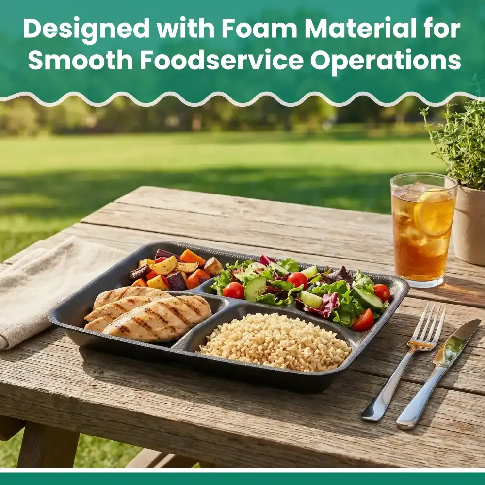 Dinelux Series Five-Compartment Foam Tray, Black, 8.25" x 10.25" x 1", 500/Case