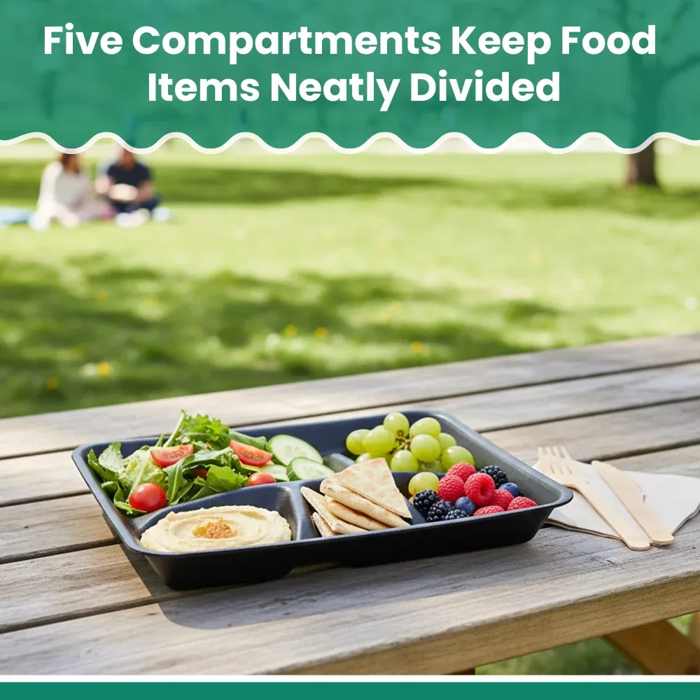 Dinelux Series Five-Compartment Foam Tray, Black, 8.25" x 10.25" x 1", 500/Case