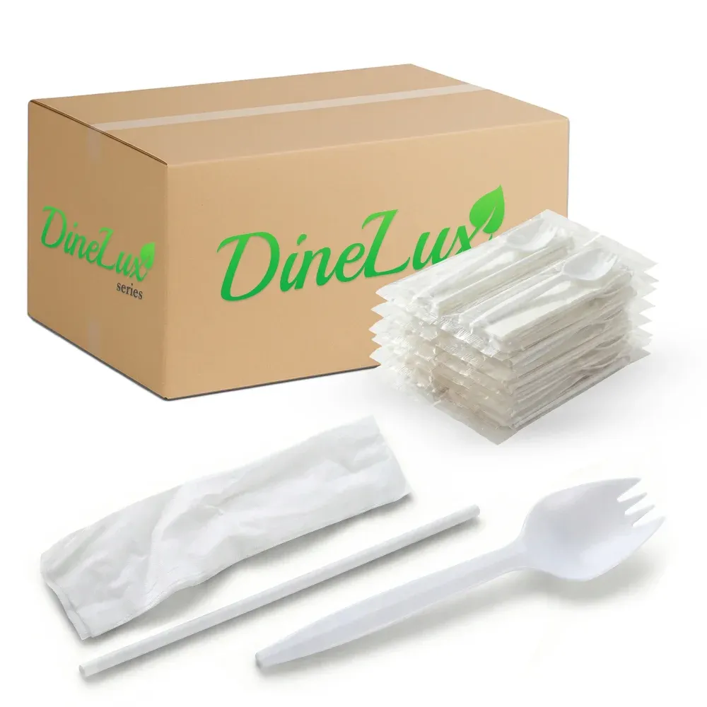 Dinelux Series Spork With Milk Straw & Napkin Kit, Medium Weight, Polypropylene, 1000/Case