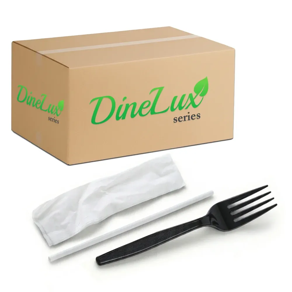 Dinelux Series Fork With Straw & Napkin Kit, Medium Weight, Black, Polypropylene, 1000/Case