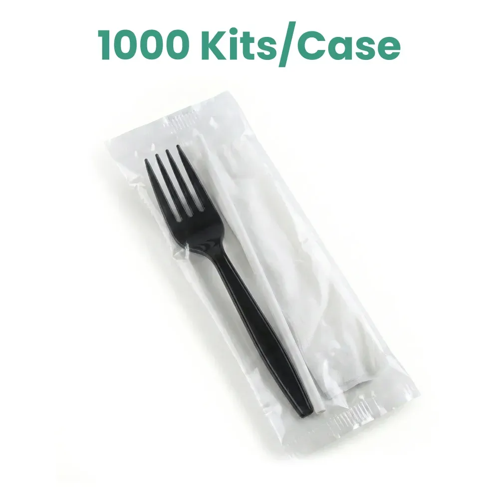 Dinelux Series Fork With Straw & Napkin Kit, Medium Weight, Black, Polypropylene, 1000/Case