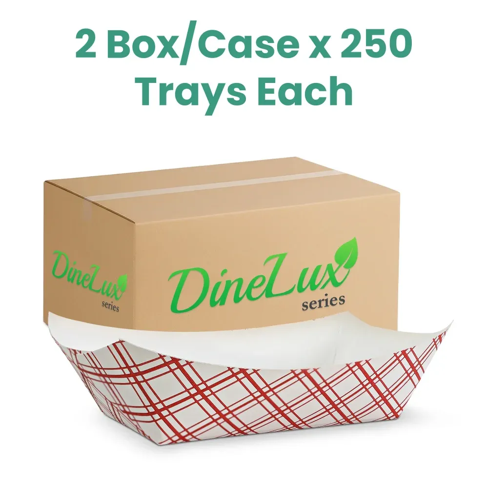 Dinelux Series 3 lb. Red Plaid Paper Food Tray, PFAS Free, 500/Case