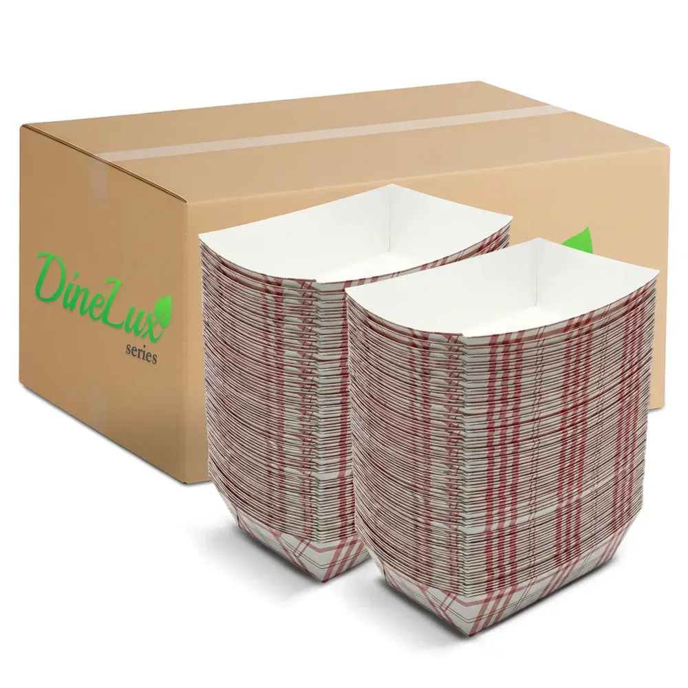 Dinelux Series 3 lb. Red Plaid Paper Food Tray, PFAS Free, 500/Case