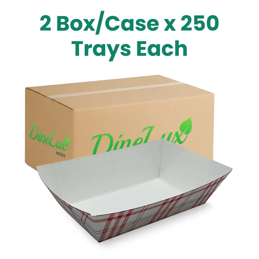 Dinelux Series 3 lb. Red Plaid Paper Food Tray, PFAS Free, 500/Case