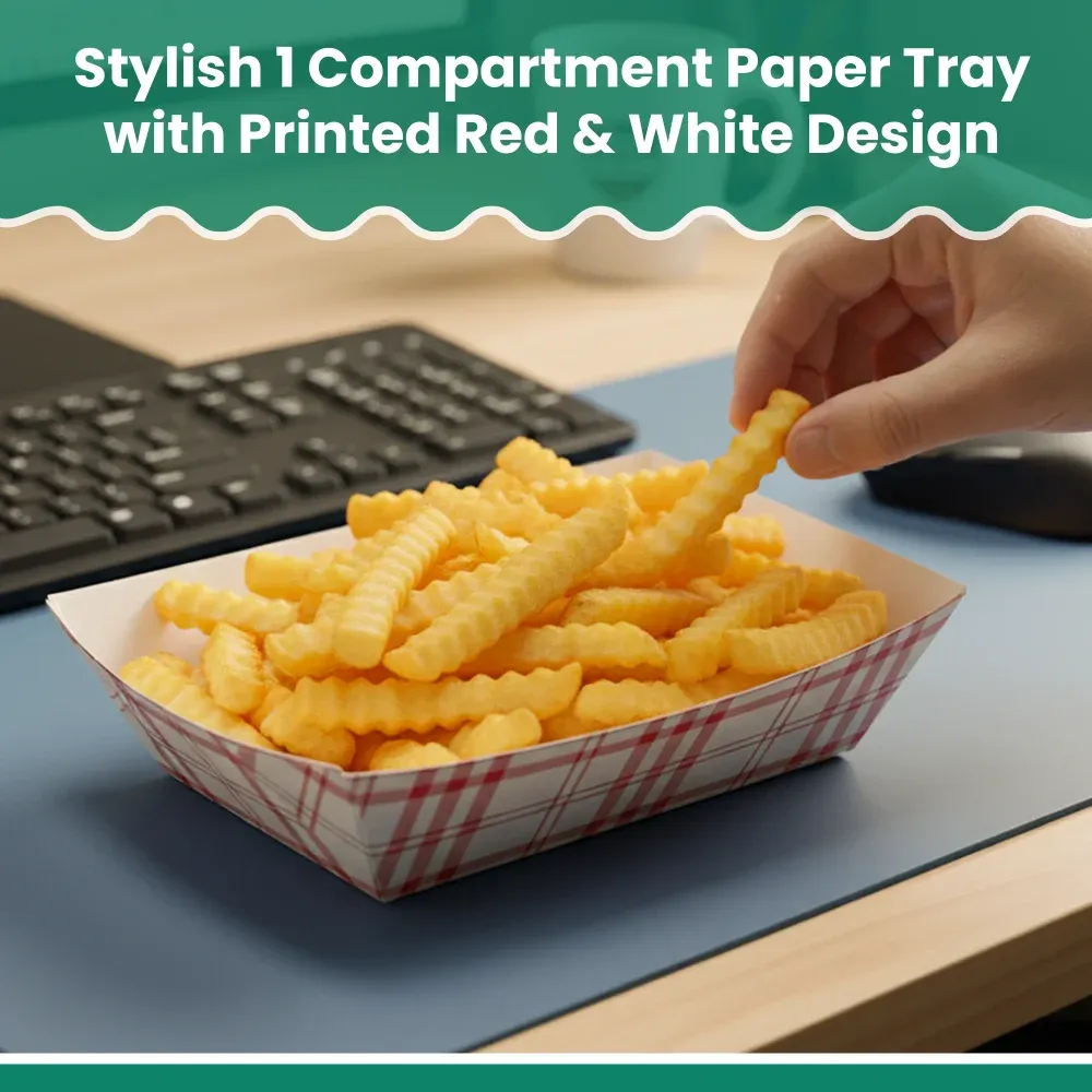 Dinelux Series 3 lb. Red Plaid Paper Food Tray, PFAS Free, 500/Case