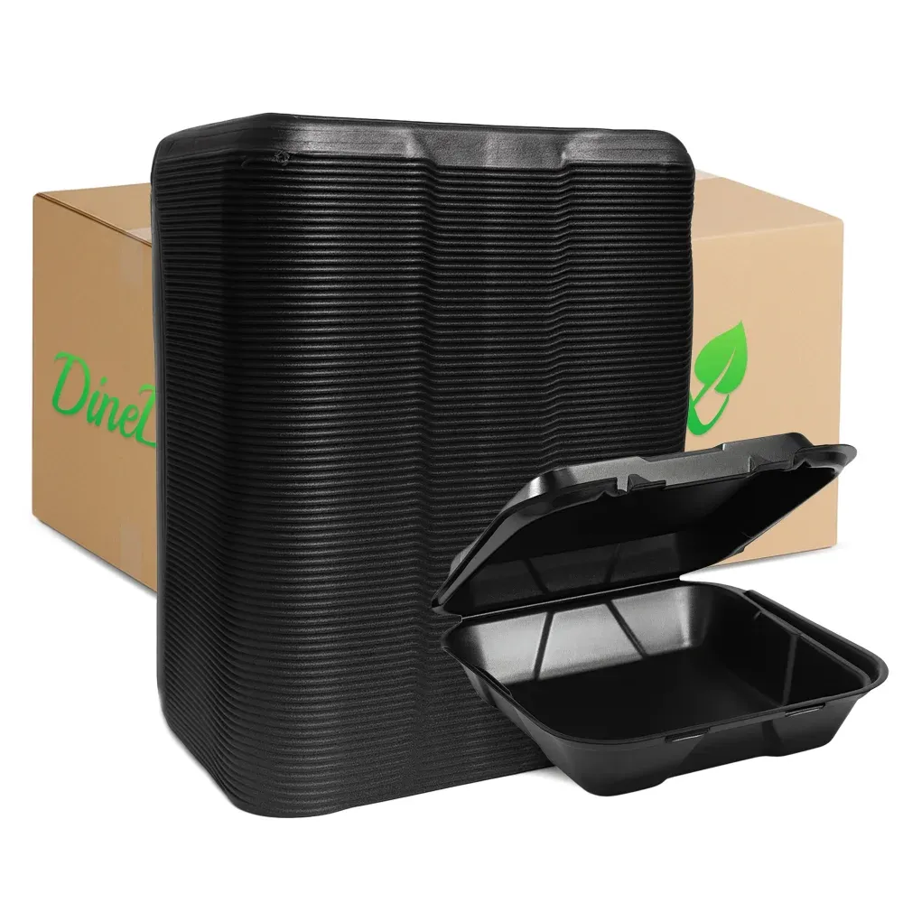 Dinelux Series One-Compartment Foam Take Out Container with Hinged Lid, Square, 9" x 9" x 3", Black, 200/Case