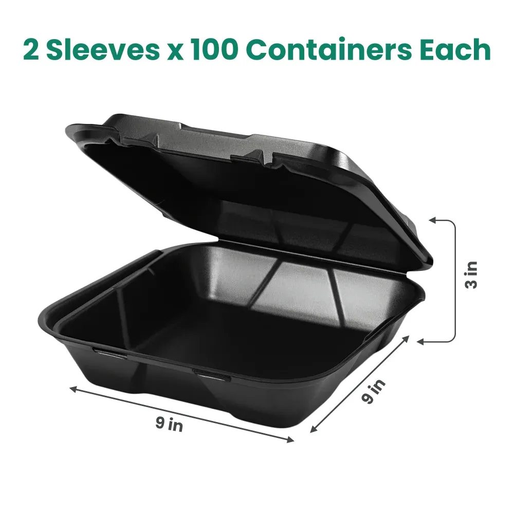Dinelux Series One-Compartment Foam Take Out Container with Hinged Lid, Square, 9" x 9" x 3", Black, 200/Case