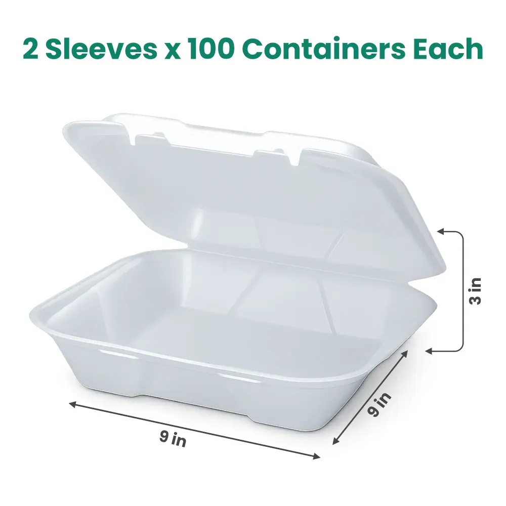 Dinelux Series One-Compartment Foam Take Out Container with Hinged Lid, Square, Large, 9" x 9" x 3", White, 200/Case