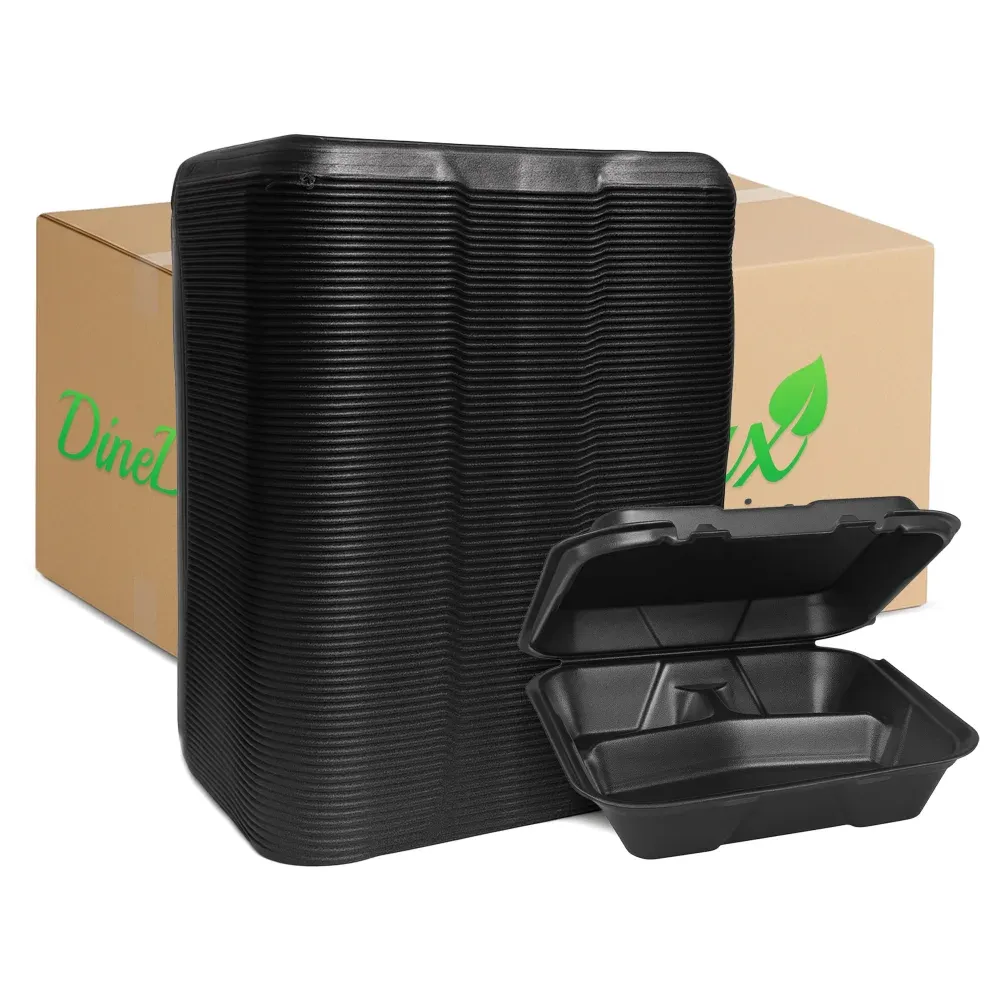 Dinelux Series Three-Compartment Foam Take Out Container with Hinged Lid, Square, Large, 9" x 9" x 3", Black, 200/Case