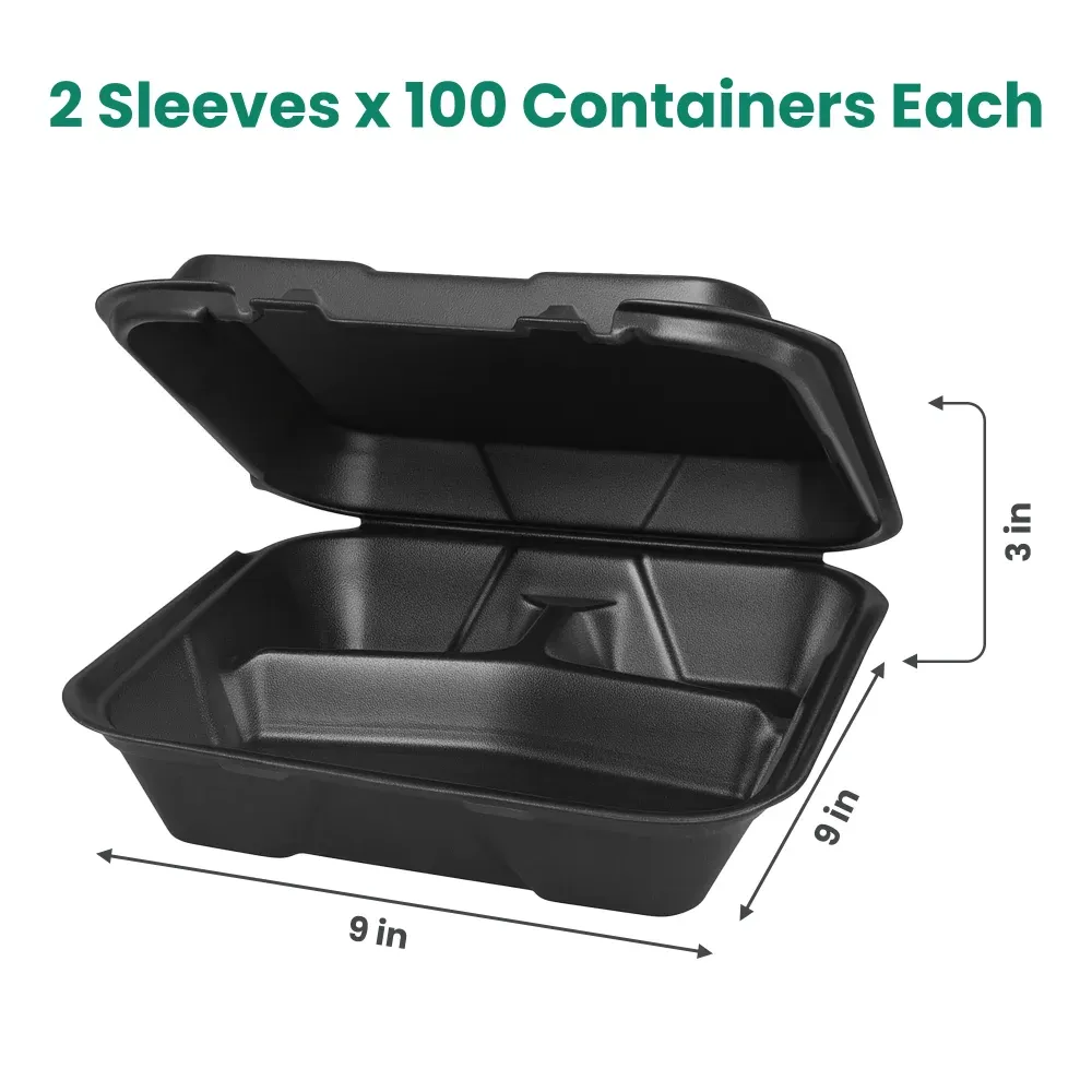 Dinelux Series Three-Compartment Foam Take Out Container with Hinged Lid, Square, Large, 9" x 9" x 3", Black, 200/Case