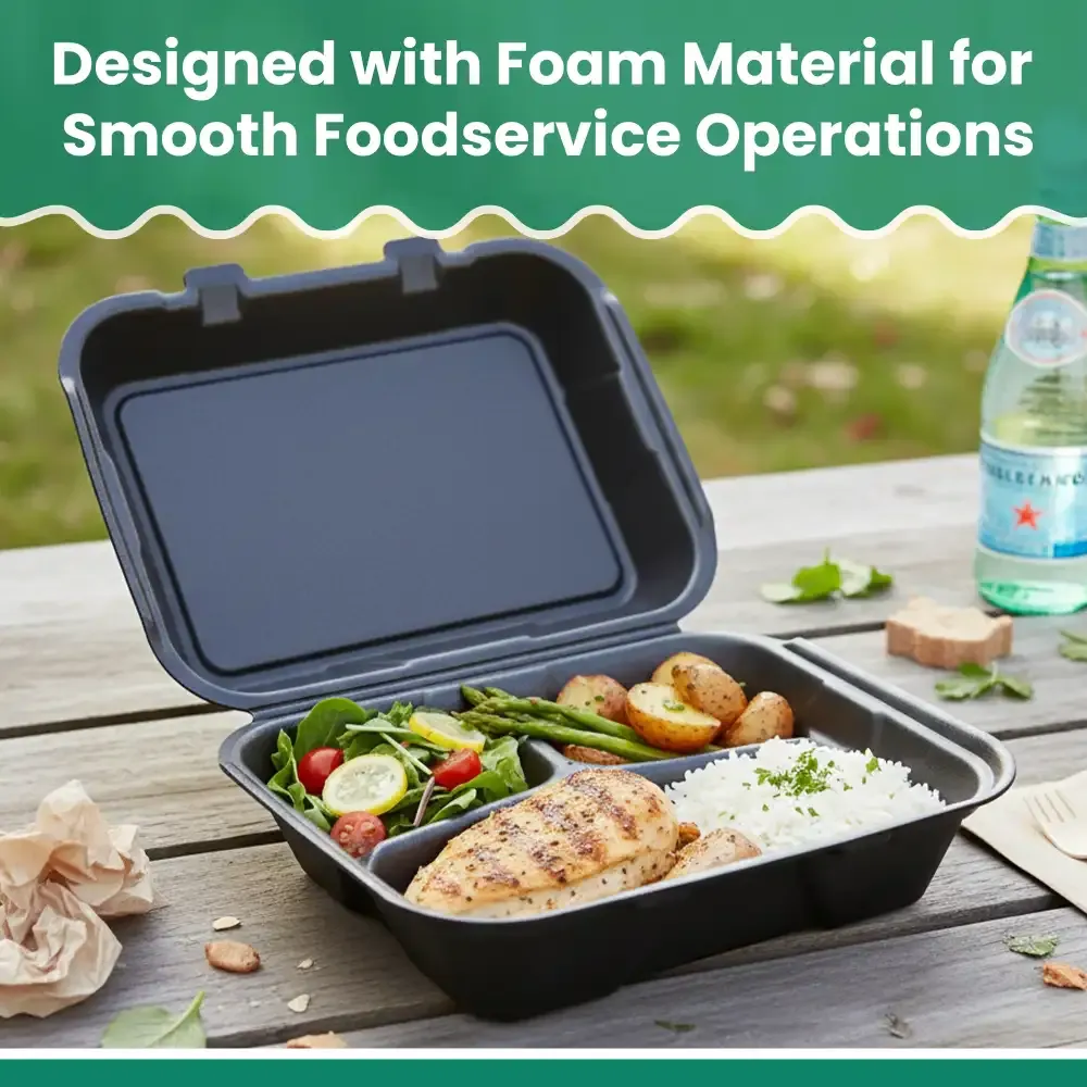 Dinelux Series Three-Compartment Foam Take Out Container with Hinged Lid, Square, Large, 9" x 9" x 3", Black, 200/Case