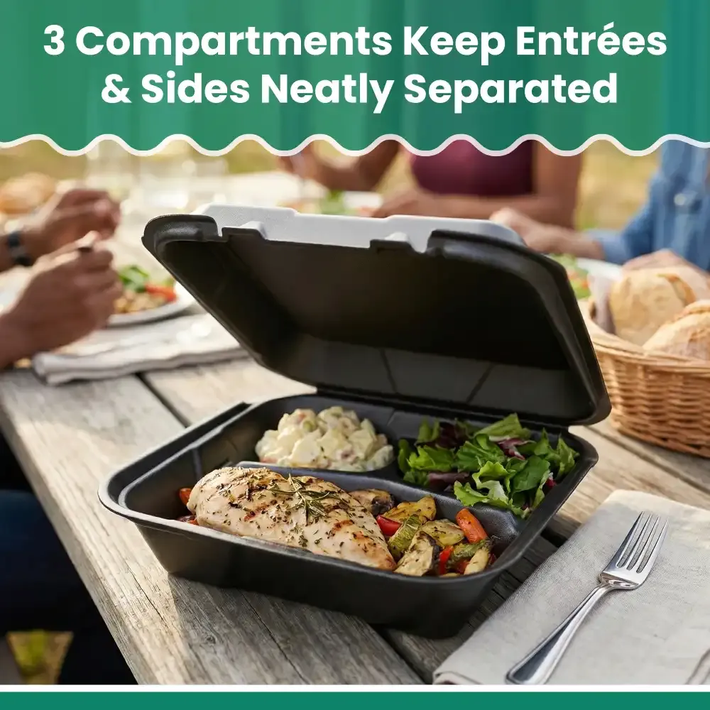 Dinelux Series Three-Compartment Foam Take Out Container with Hinged Lid, Square, Large, 9" x 9" x 3", Black, 200/Case