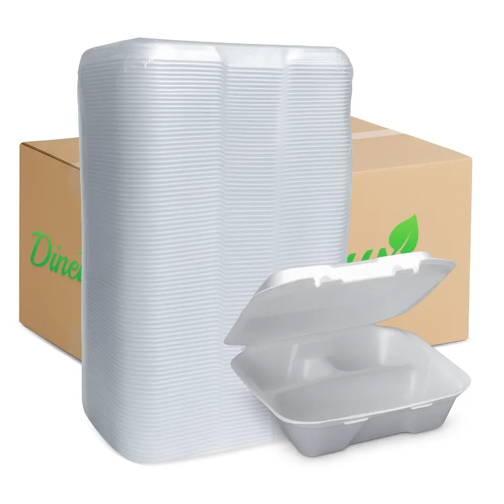 Dinelux Series Three-Compartment Foam Take Out Container with Hinged Lid, Large, 9" x 9" x 3", White, 200/Case